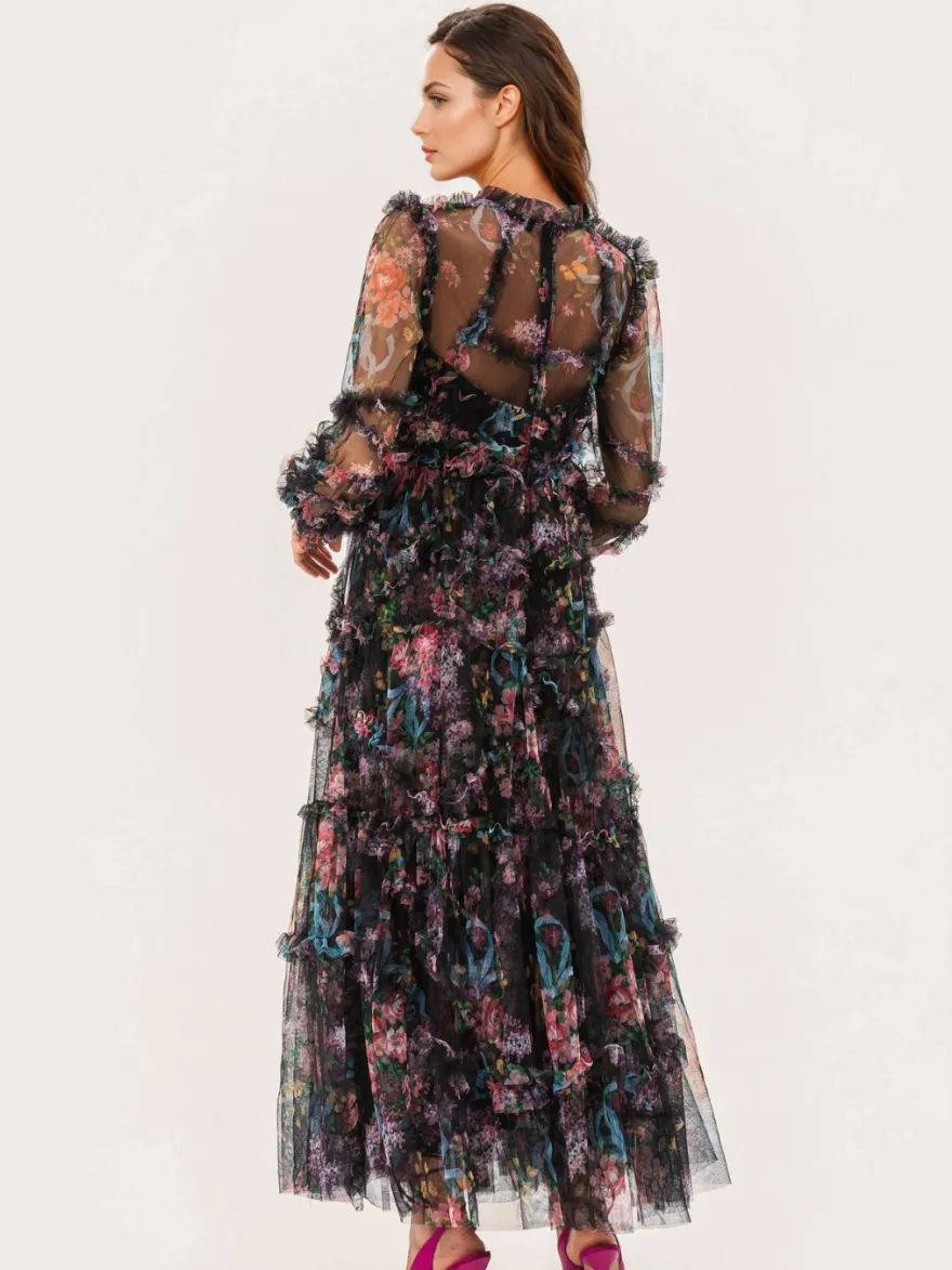 Robe de soirée à volants et manches illusion superposées robe longue folklorique élégante