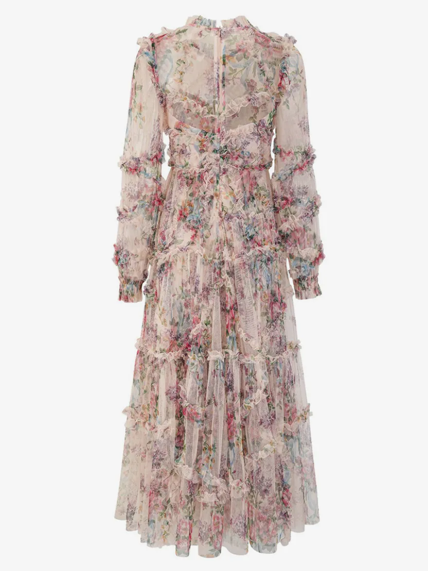 Robe de soirée à volants et manches illusion superposées robe longue folklorique élégante