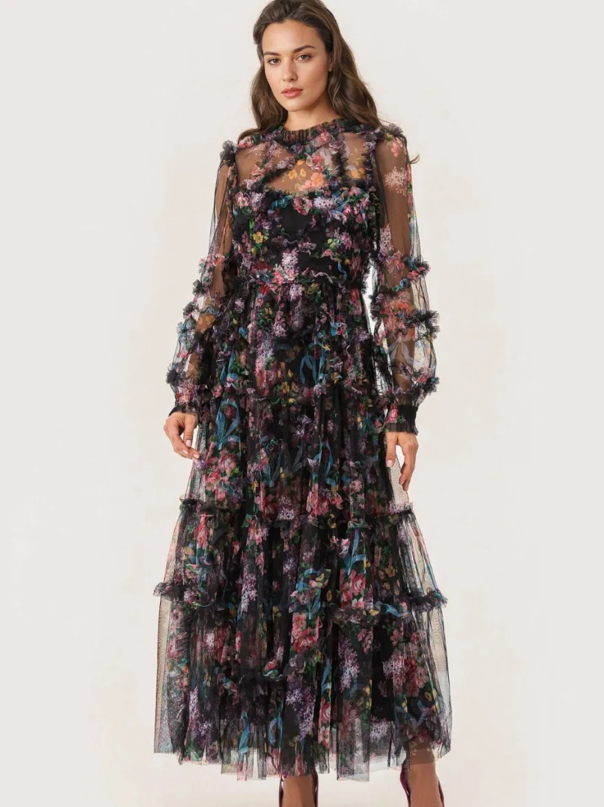 Robe de soirée à volants et manches illusion superposées robe longue folklorique élégante
