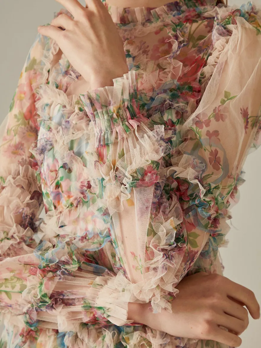 Robe de soirée à volants et manches illusion superposées robe longue folklorique élégante