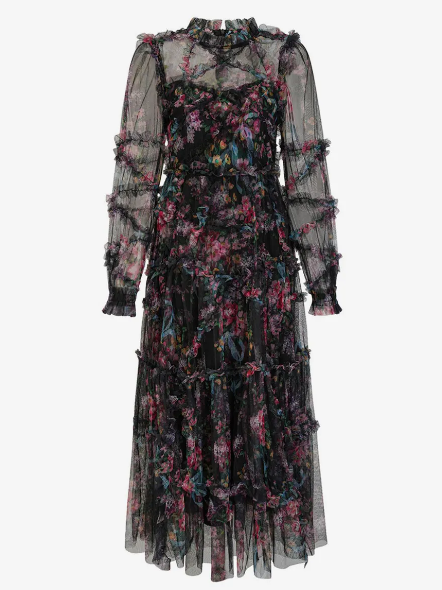 Robe de soirée à volants et manches illusion superposées robe longue folklorique élégante