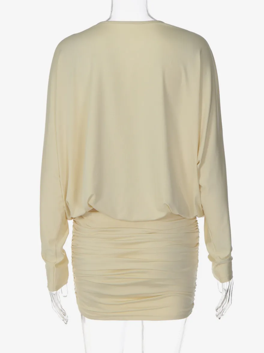 Robe de tous les jours décolleté plongeant manches chauve-souris longues cache-cœur mini-robe moulante froncée robe de soirée