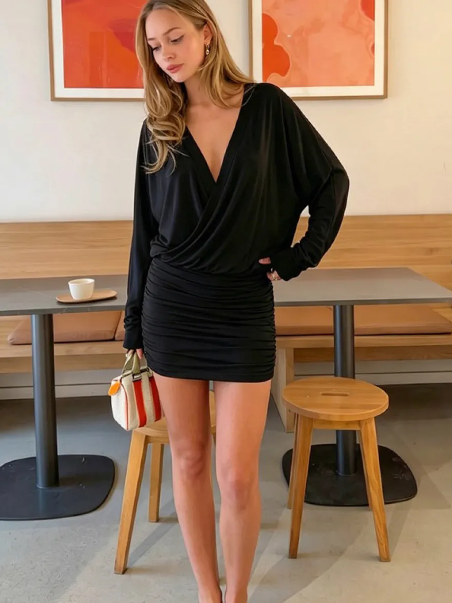 Robe de tous les jours décolleté plongeant manches chauve-souris longues cache-cœur mini-robe moulante froncée robe de soirée
