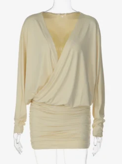 Robe de tous les jours décolleté plongeant manches chauve-souris longues cache-cœur mini-robe moulante froncée robe de soirée