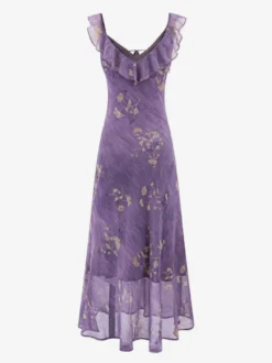 Robe de tous les jours pour femme à fleurs violettes sans manches col en V et taille haute.