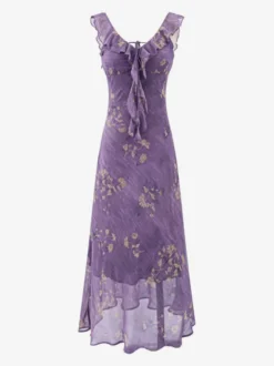 Robe de tous les jours pour femme à fleurs violettes sans manches col en V et taille haute.