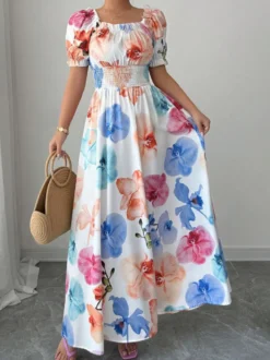 Robe de vacances aquarelle florale à col carré et épaules dénudées manches bouffantes