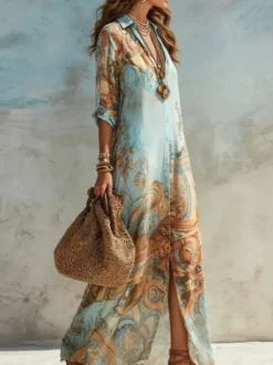 Robe de vacances bohème à col boutonné robe longue imprimée à manches retroussées et fente latérale robe de plage longue