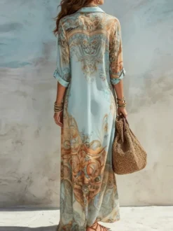 Robe de vacances bohème à col boutonné robe longue imprimée à manches retroussées et fente latérale robe de plage longue