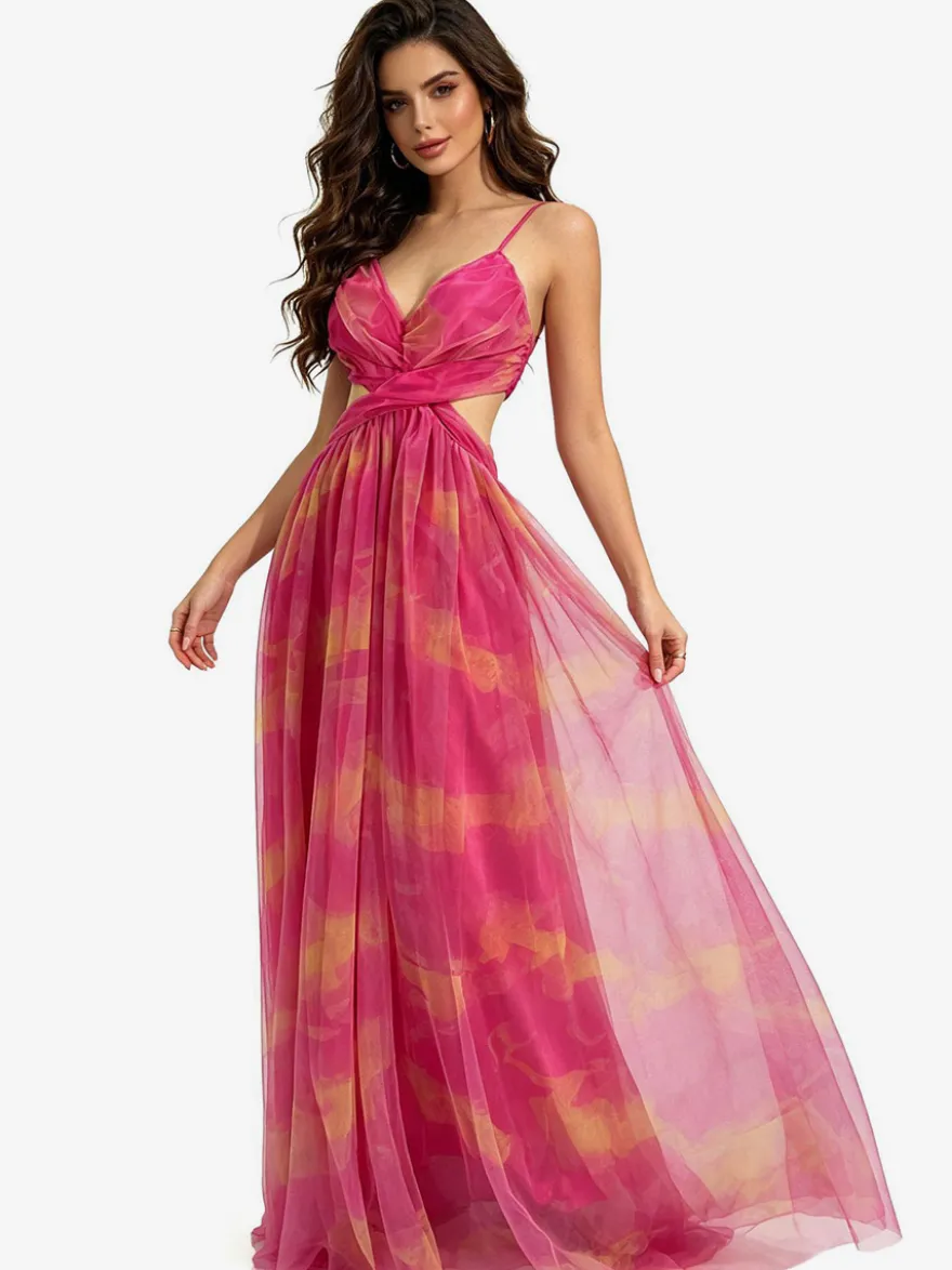 Robe de vacances à bretelles spaghetti élégante robe de soirée maxi orange fluide en mousseline de soie robe de soirée longue