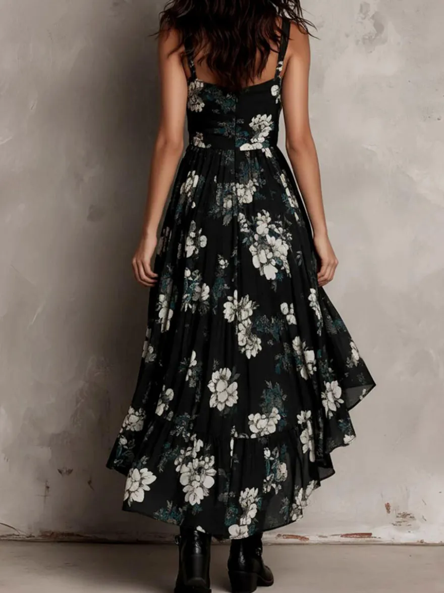 Robe de vacances à bretelles spaghetti taille froncée imprimé floral coupe asymétrique et fente irrégulière