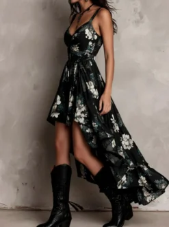 Robe de vacances à bretelles spaghetti taille froncée imprimé floral coupe asymétrique et fente irrégulière