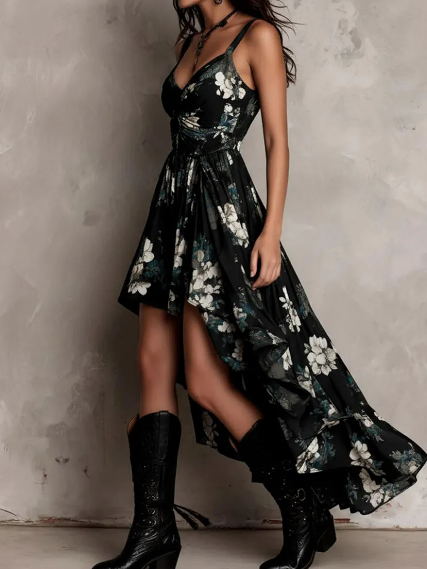Robe de vacances à bretelles spaghetti taille froncée imprimé floral coupe asymétrique et fente irrégulière