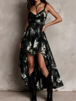 Robe de vacances à bretelles spaghetti taille froncée imprimé floral coupe asymétrique et fente irrégulière