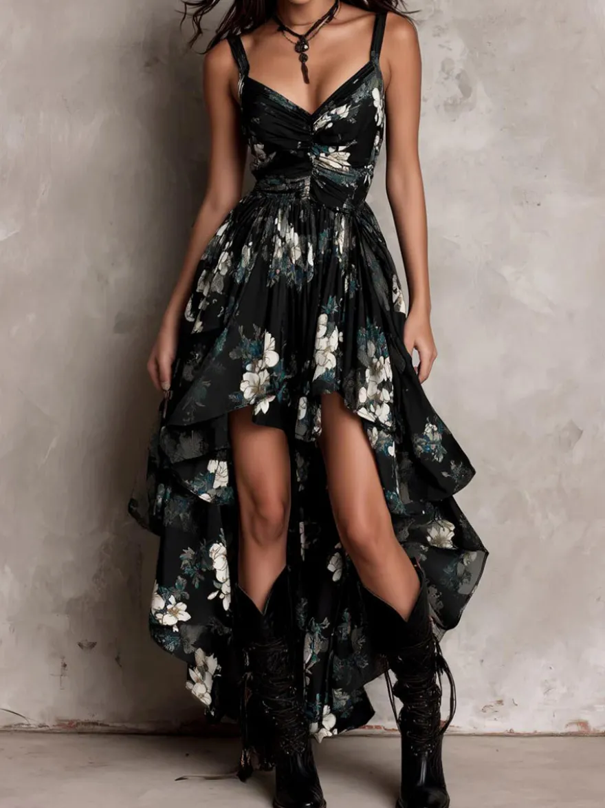 Robe de vacances à bretelles spaghetti taille froncée imprimé floral coupe asymétrique et fente irrégulière