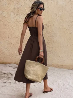 Robe de vacances débardeur à volants col carré taille élastiquée à nouer robe midi décontractée et ample