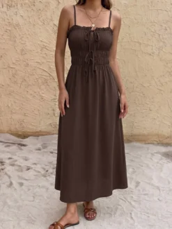 Robe de vacances débardeur à volants col carré taille élastiquée à nouer robe midi décontractée et ample
