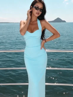 Robe de vacances femme dos nu unie sans manches robe longue moulante