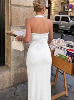 Robe de vacances femme dos nu unie sans manches robe longue moulante