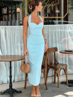 Robe de vacances femme dos nu unie sans manches robe longue moulante