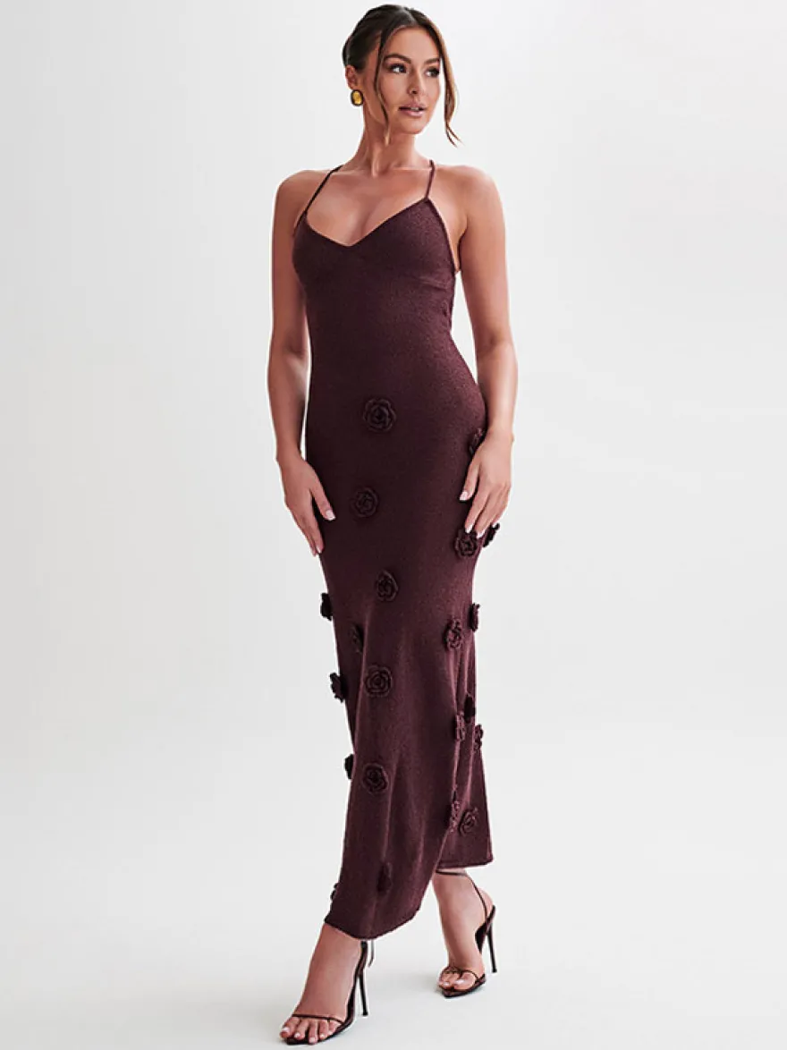 Robe de vacances à fleurs sans manches bretelles col élégante marron café