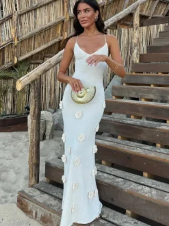 Robe de vacances à fleurs sans manches bretelles col élégante marron café