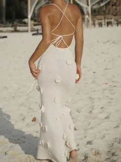 Robe de vacances à fleurs sans manches bretelles col élégante marron café
