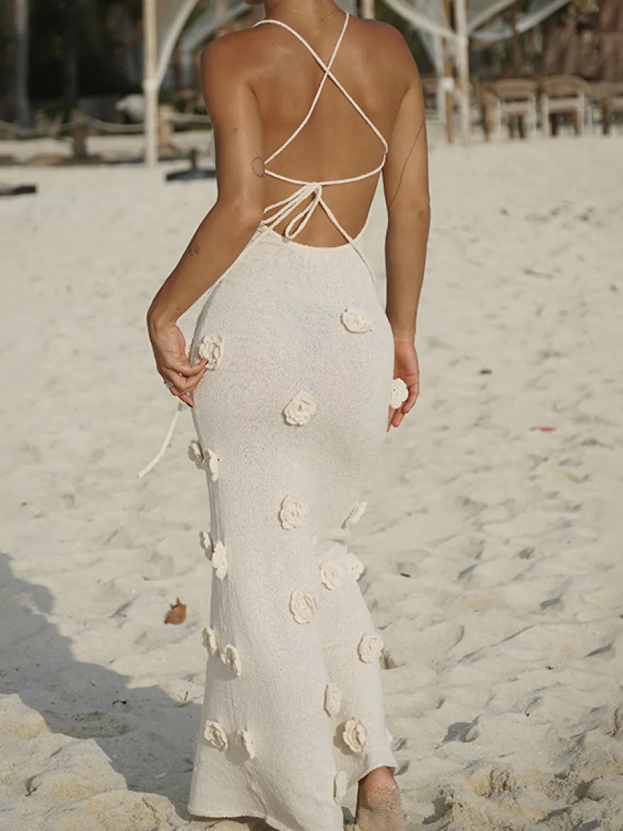 Robe de vacances à fleurs sans manches bretelles col élégante marron café