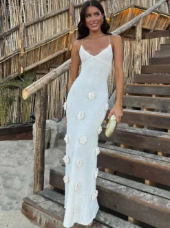 Robe de vacances à fleurs sans manches bretelles col élégante marron café
