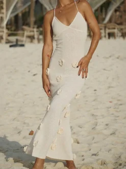 Robe de vacances à fleurs sans manches bretelles col élégante marron café