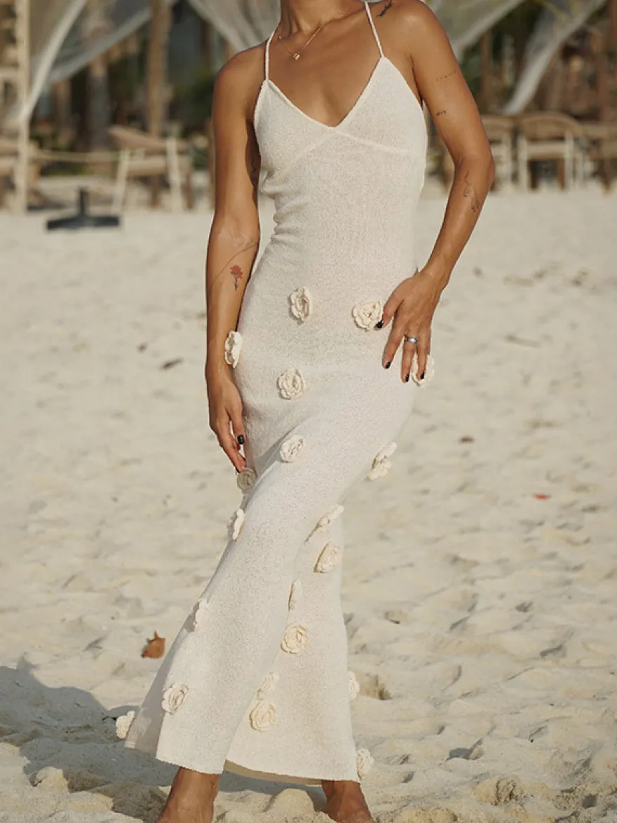 Robe de vacances à fleurs sans manches bretelles col élégante marron café