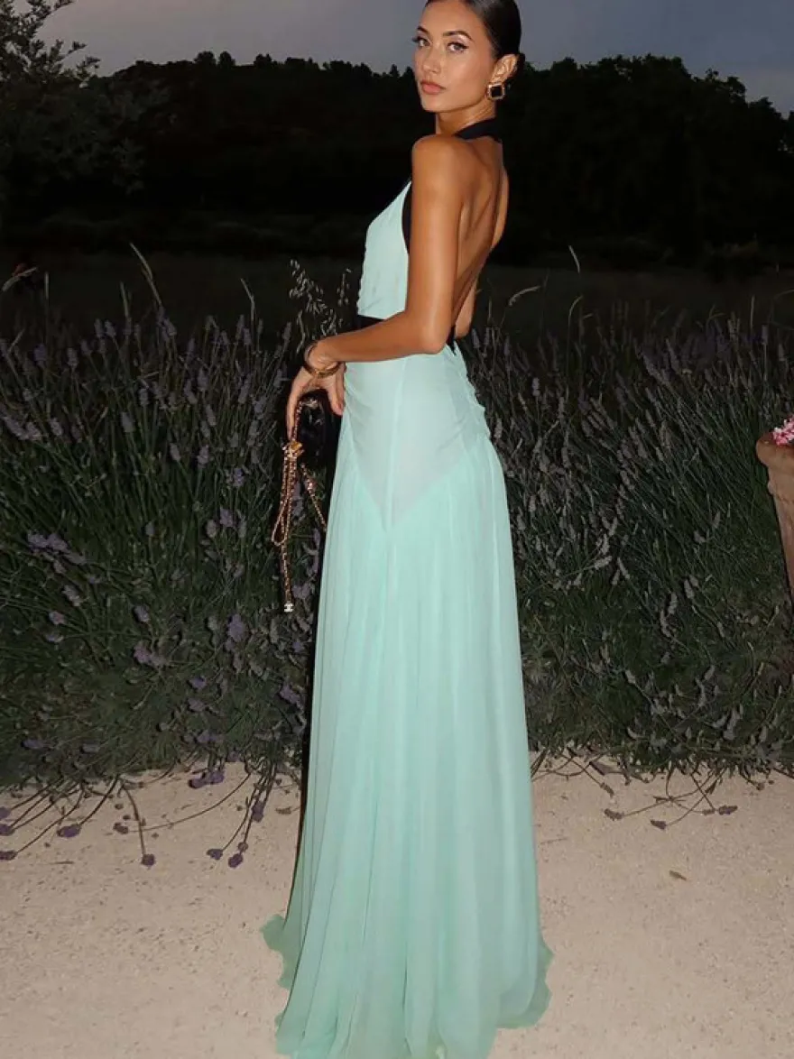 Robe de vacances fluide en mousseline robe longue dos nu à décolleté plongeant et col halter robe de soirée d'été pour les vacances
