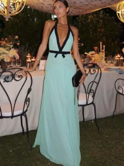 Robe de vacances fluide en mousseline robe longue dos nu à décolleté plongeant et col halter robe de soirée d'été pour les vacances