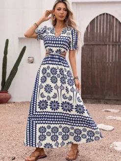 Robe de vacances fluide vintage à fleurs col en V manches bouffantes