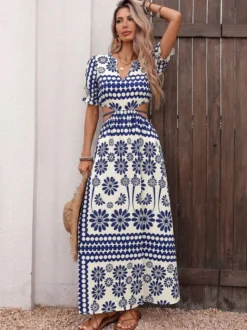 Robe de vacances fluide vintage à fleurs col en V manches bouffantes