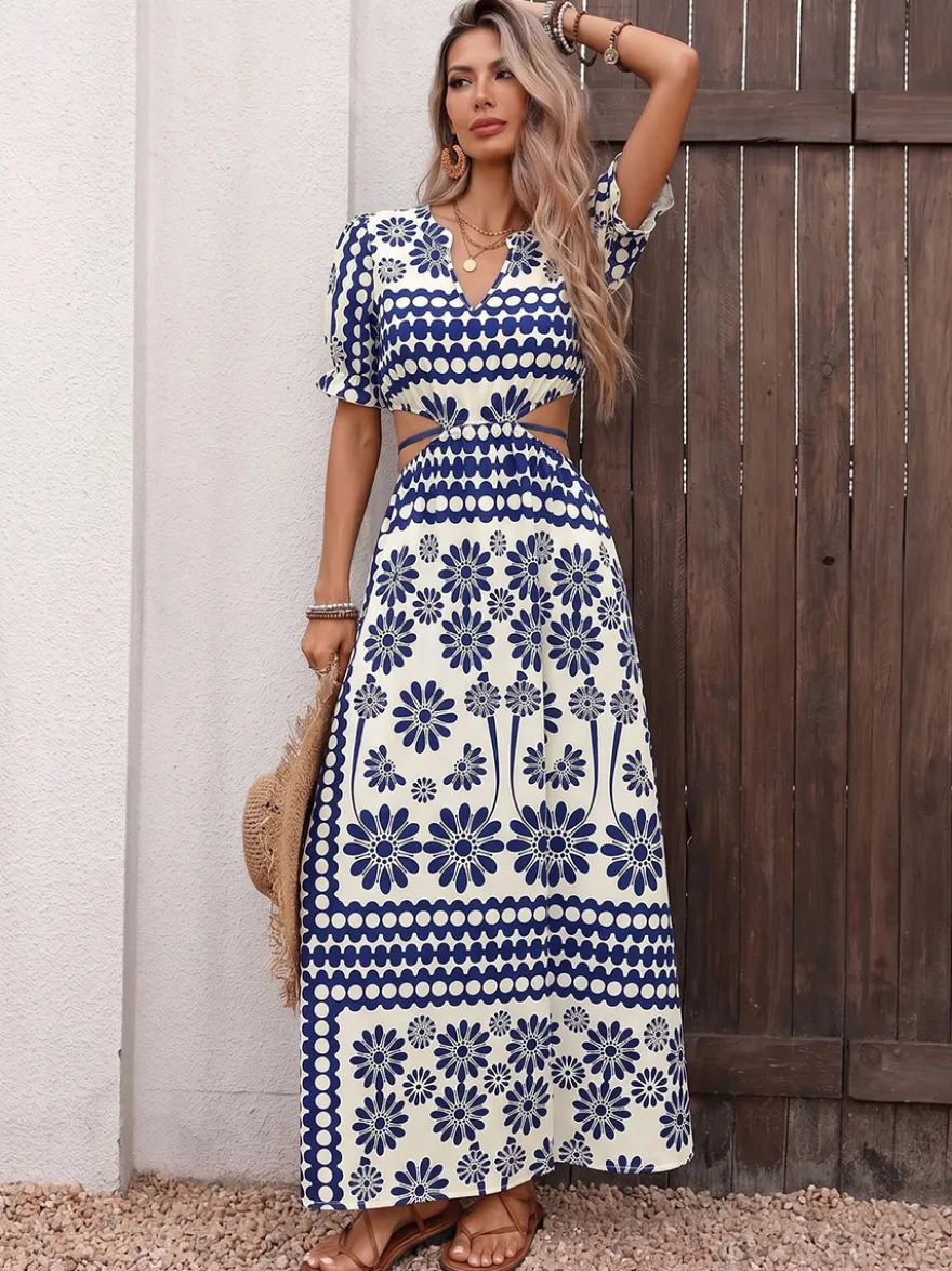 Robe de vacances fluide vintage à fleurs col en V manches bouffantes