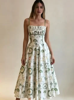 Robe de vacances imprimée de plantes tropicales robe midi à fines bretelles buste smocké coupe trapèze évasée