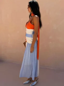 Robe de vacances imprimée à empiècements robe nuisette midi sans manches à col V avec foulard ras du cou