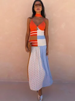 Robe de vacances imprimée à empiècements robe nuisette midi sans manches à col V avec foulard ras du cou
