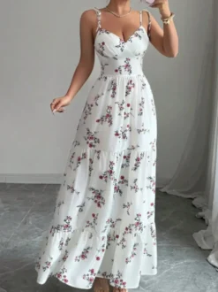 Robe de vacances imprimée à fines bretelles robe longue fluide à col en V et imprimé floral