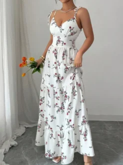 Robe de vacances imprimée à fines bretelles robe longue fluide à col en V et imprimé floral