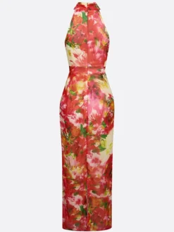 Robe de vacances imprimée à fleurs robe midi dos nu sans manches robe moulante fendue longue d'été