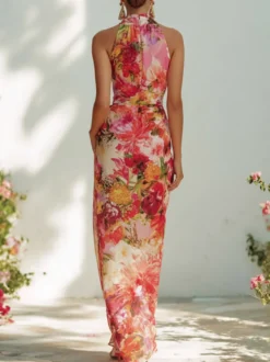 Robe de vacances imprimée à fleurs robe midi dos nu sans manches robe moulante fendue longue d'été
