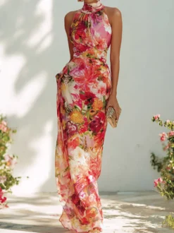 Robe de vacances imprimée à fleurs robe midi dos nu sans manches robe moulante fendue longue d'été