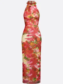 Robe de vacances imprimée à fleurs robe midi dos nu sans manches robe moulante fendue longue d'été