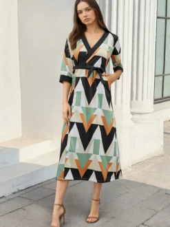 Robe de vacances imprimée géométrique robe midi col en V manches 3/4 cache-cœur robe longue taille haute