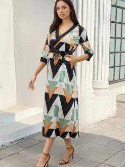 Robe de vacances imprimée géométrique robe midi col en V manches 3/4 cache-cœur robe longue taille haute