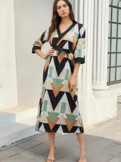 Robe de vacances imprimée géométrique robe midi col en V manches 3/4 cache-cœur robe longue taille haute