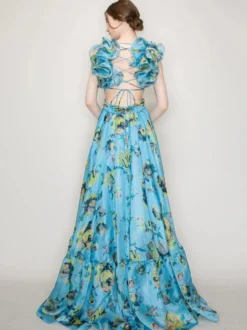 Robe de vacances à imprimé floral manches à volants dos nu et nœud à étages