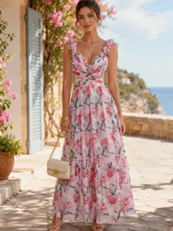 Robe de vacances à imprimé floral manches à volants dos nu et nœud à étages